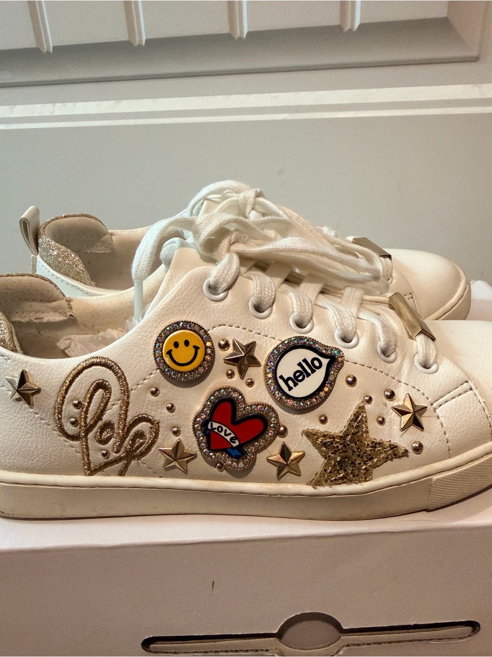 Aldo White Sneakers with Gold Stars and Colorful Patches